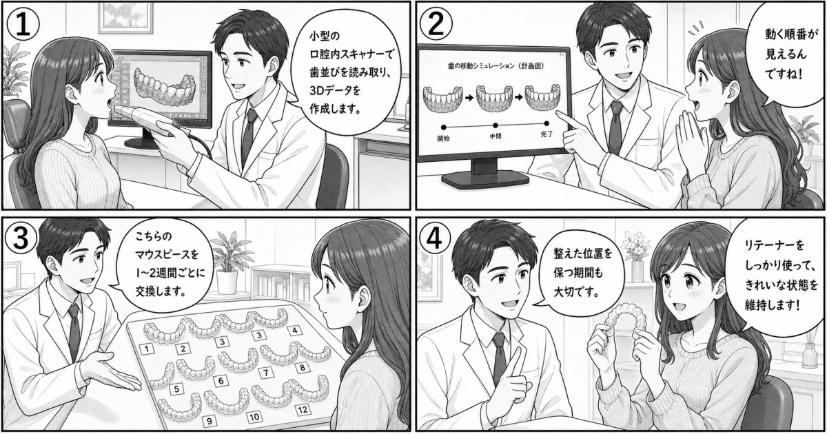 段階的に装置を交換して歯並びを整える治療プロセス